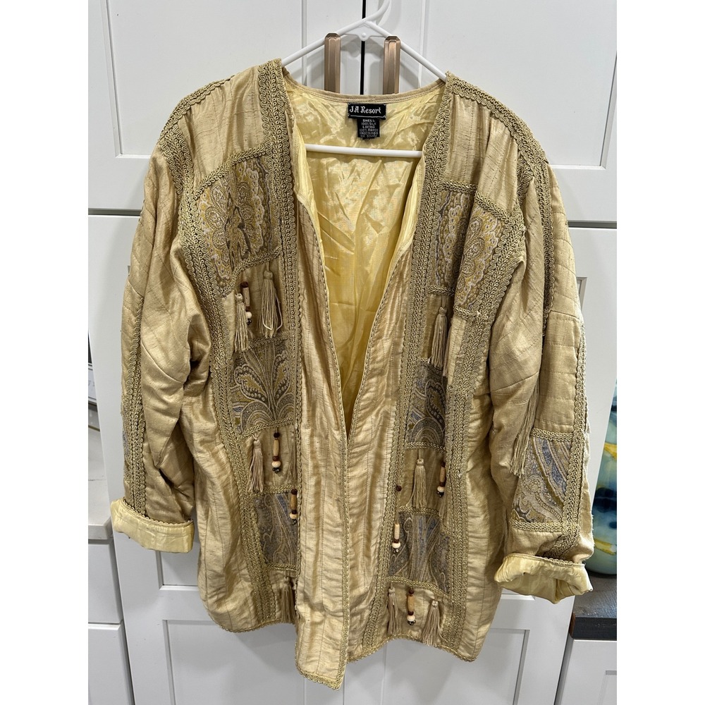 JA Resort Gold 100% Silk Embroidered Tassel Jacket Boho Paisley Beaded Large